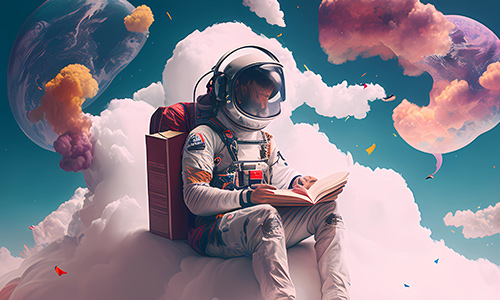 Ein Astronaut sitzt auf einer Wolke und liest ein Buch